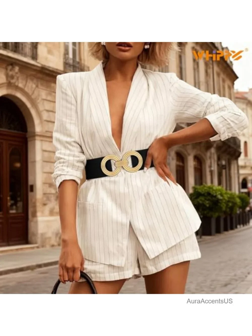 Wide Elastic Waist Belt with Hollow Out Gold Buckle Stretchy
